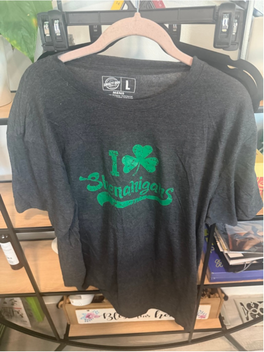 Men's Crazy Dog T-Shirts "I Love Shenanigans" Tee L Charcoal Green